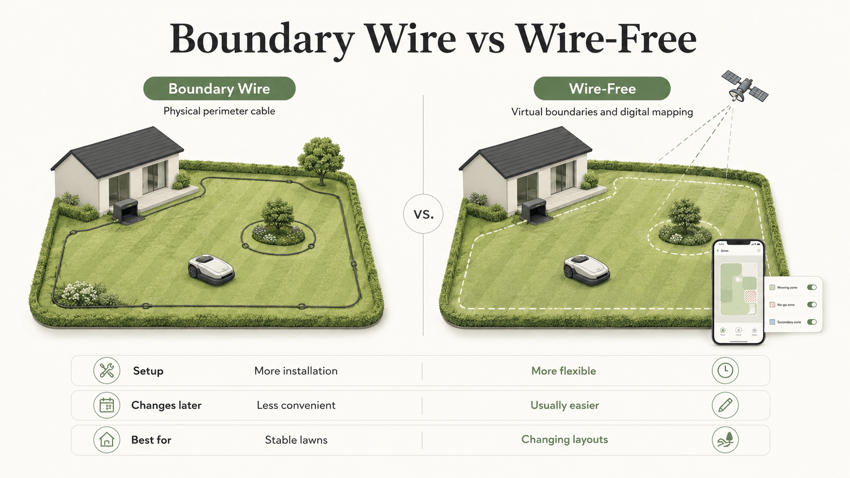Boundary wire vs wire-free robot lawn mower comparison
