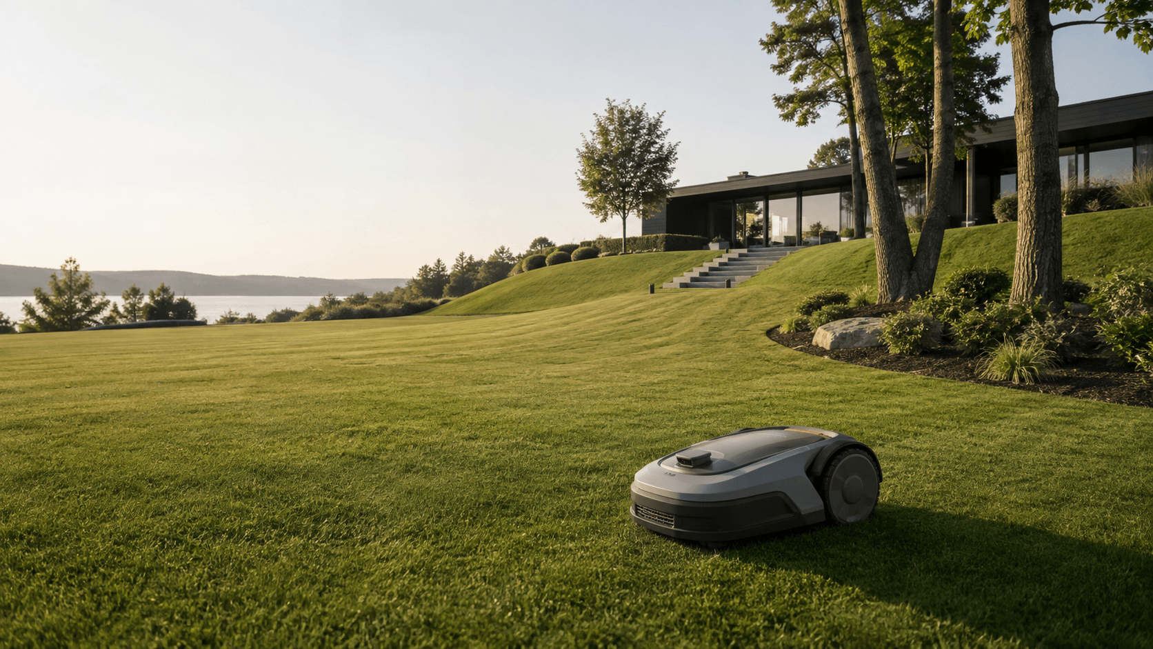 Robot lawn mower working on a modern residential lawn with slopes, trees and landscaped areas