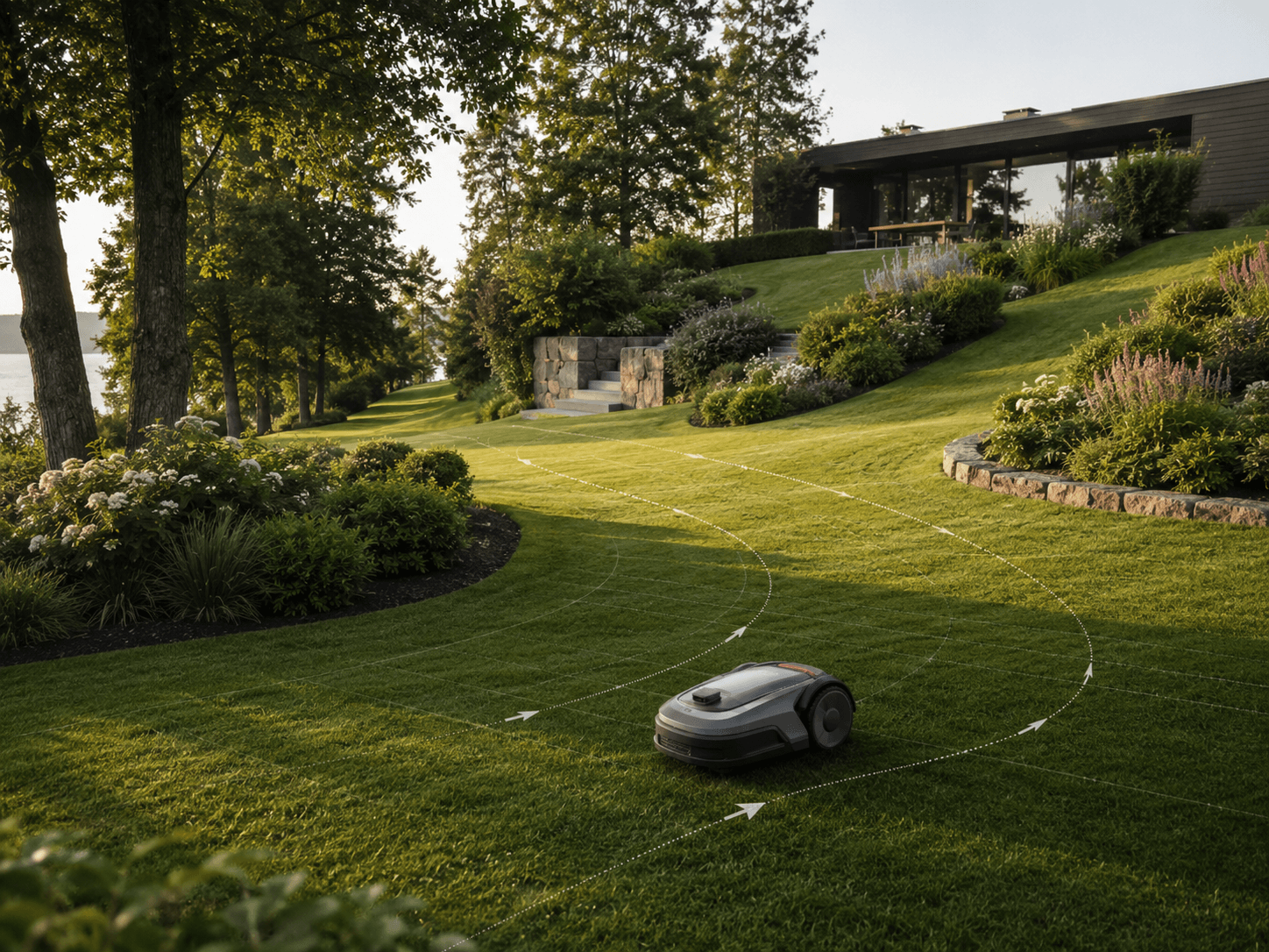 Robot lawn mower navigating a complex garden with slopes, trees and landscaped borders
