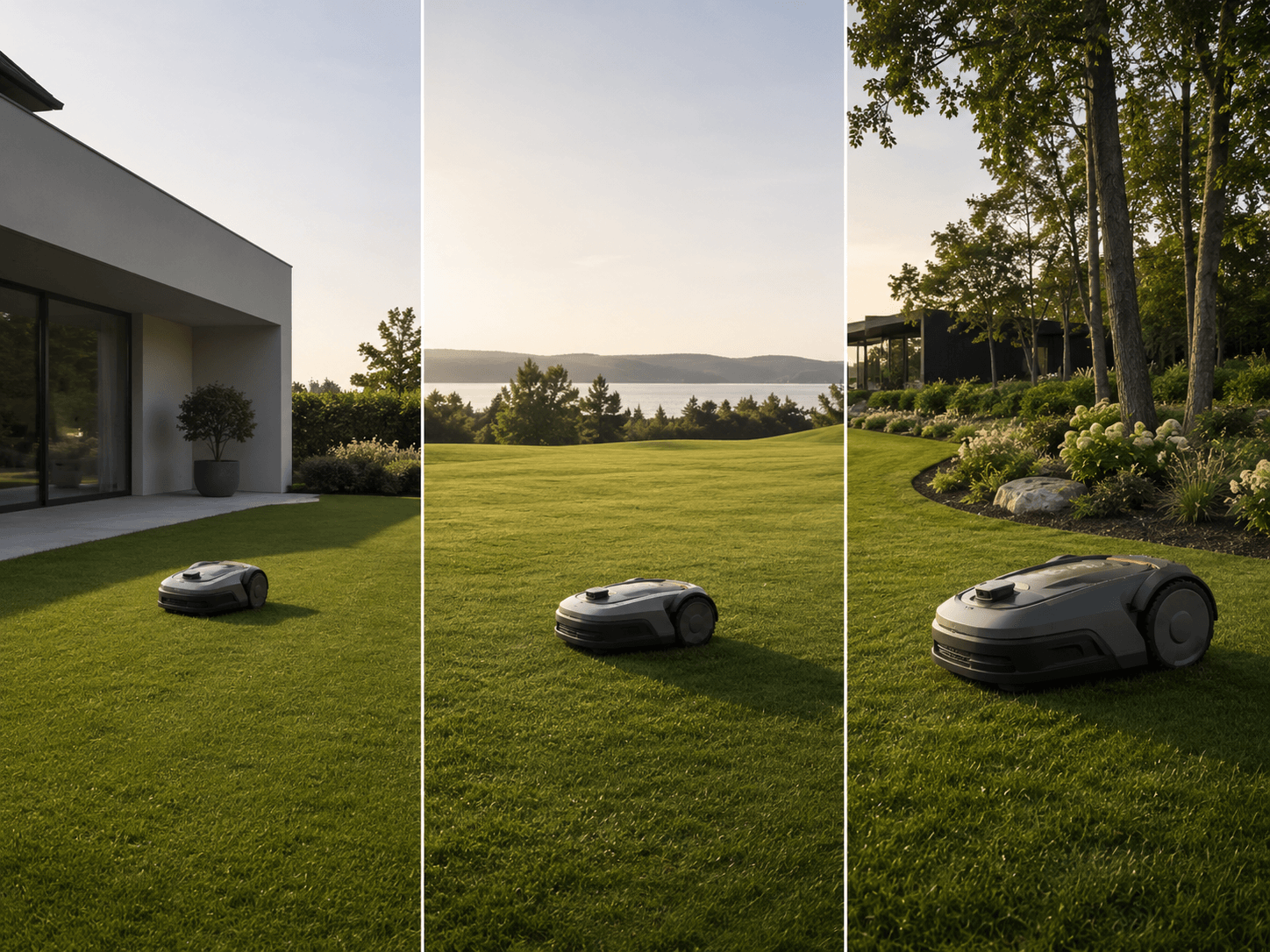 Robot lawn mowers matched to small, medium and complex lawn layouts